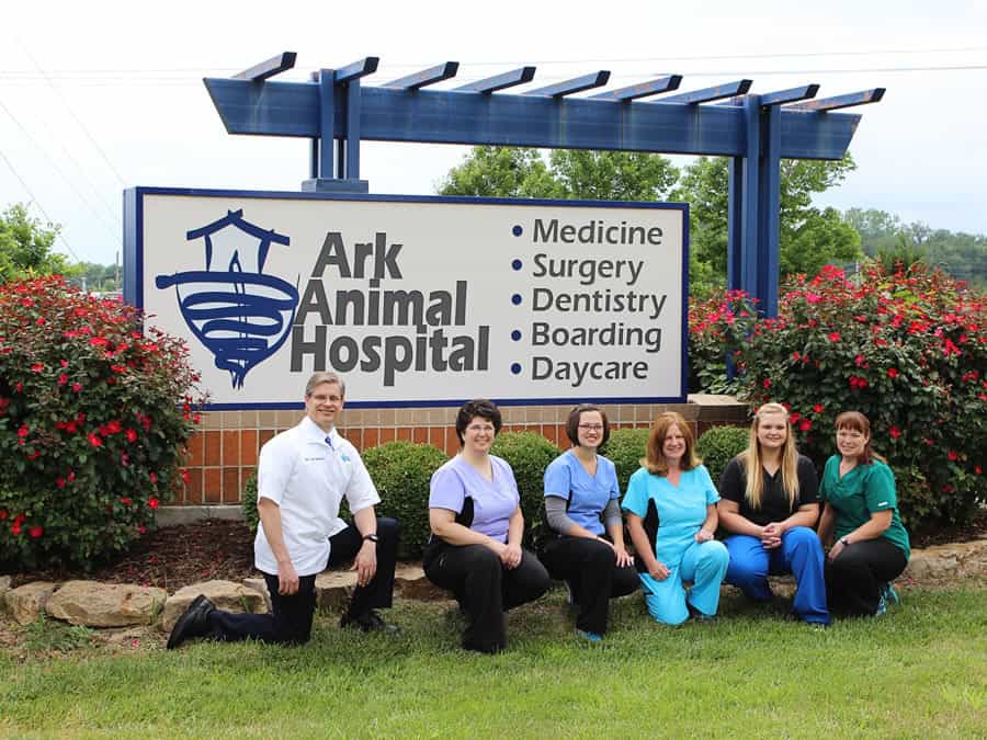 Six team members posing outside next to the sign for the Ark Animal Hospital